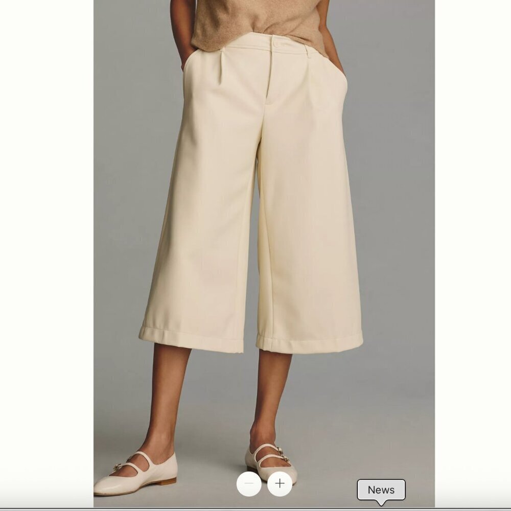 ANTHROPOLOGIE Cream Ivory Faux Leather Wide Leg Coulottes Cropped Pants 14